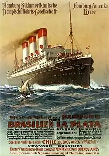 Cartel (ca.&nbsp;1913). El SMS Cap Trafalgar, de la línea Hamburgo-Sudamérica.