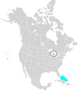 Distribución de S. kirtlandii &nbsp;&nbsp;&nbsp;&nbsp;&nbsp;Área de reproducción&nbsp;&nbsp;&nbsp;&nbsp;&nbsp;Área de invernada