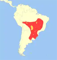 alt=Distribución del ciervo de los pantanos
( Rojo: Extinto, Amarillo: Presente )