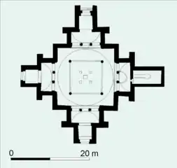 Iglesia de Dongola, Nubia, siglo&nbsp;IX, zona de contacto entre el arte copto y el arte etíope (planta de cruz griega).