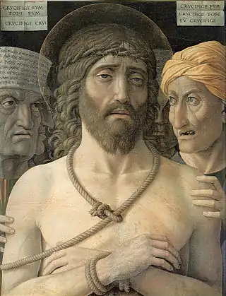 Ecce Homo, de Andrea Mantegna, hacia 1500, evita el emocionalismo nórdico, pero conserva la composición de "primer plano".