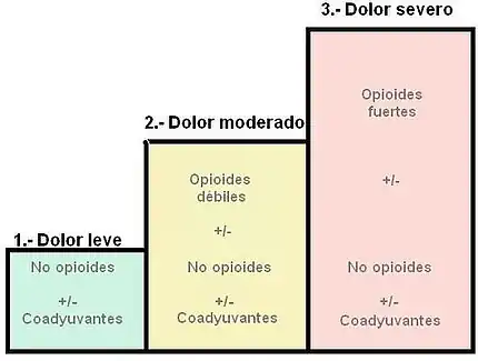 Escalas de dolor
1º Escalón (dolor leve): no opioides +/- coadyuvantes
2º Escalón (dolor moderado): opioides débiles +/- no opioides +/- coadyuvantes
3º Escalón (dolor severo): opioides fuertes +/- no opioides +/- coadyuvantes
