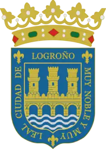 Escudo con corona y leyenda «Muy noble y muy leal ciudad de Logroño».