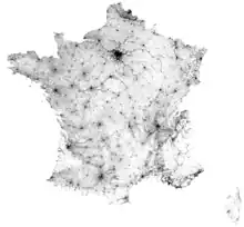 Mapa de Francia de densidad de población, las zonas más blancas corresponden con las más débilmente pobladas.