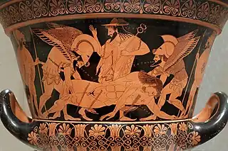 Crátera de Eufronio (cerámica de figuras rojas de Eufronio, hacia 515&nbsp;a.&nbsp;C.). La escena representa al cuerpo de Sarpedón sostenido por Eros y Tánatos, ante Hermes.