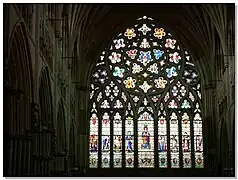 Gran ventana occidental, decorado, catedral de Exeter