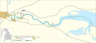 Map of the Thames from London Bridge to Sheerness, showing the positions of Blackwall, North Woolwich and Rosherville Gardens in between.