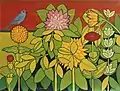 Flores con pájaro azul, óleo, 2002