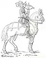 Ballista francés del siglo&nbsp;XVI (cranequinier). Su ballesta está desenfundada con un cranequinier de cremallera, para poder utilizarla mientras cabalga.