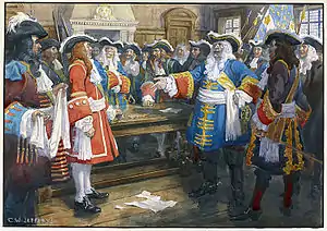 El gobernador Frontenac respondiendo al ultimátum de William Phips, en la Batalla de Quebec (1690); frase célebre: « La seule réponse que je ferai à votre général viendra de la bouche de mes canons et du feu de mes mousquets ».
