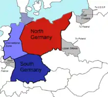 Plan Morgenthau: &nbsp;&nbsp;&nbsp;&nbsp;&nbsp;Estado de Alemania del norte &nbsp;&nbsp;&nbsp;&nbsp;&nbsp;Estado de Alemania del sur &nbsp;&nbsp;&nbsp;&nbsp;&nbsp;Zona internacional &nbsp;&nbsp;&nbsp;&nbsp;&nbsp;Territorio perdido de Alemania (Sarre a Francia, Alta Silesia a Polonia, Prusia Oriental, dividida entre Polonia y la Unión Soviética)