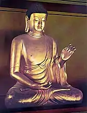 Tesoro nacional de Corea del Sur, Amitābha de bronce dorado en el Salón Geungnakjeon del Templo de Bulguksa, Corea.
