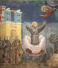 Éxtasis de San Francisco de Asís, fresco de Giotto, pintura gótica italiana, finales del siglo&nbsp;XIII o comienzos del siglo&nbsp;XIV.