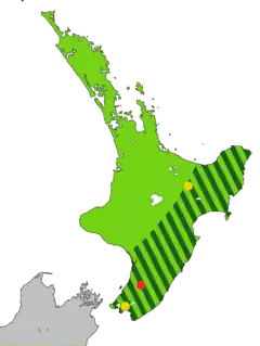 alt=
Distribución original. Distribución en 1840. Último avistamiento confirmado, en 1907. Avistamientos no confirmados posteriores.