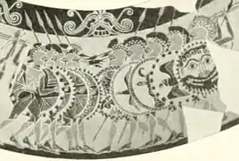 Vaso Chigi, un olpe (ολπη -jarra, más pequeña que el oinokhoe-) estilo protocorintio (hacia 650&nbsp;a.&nbsp;C.) hallado en una tumba etrusca.