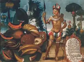Indio Yumbo de las inmediaciones de Quito con sus trajes de plumas y colmillos de animal de caza que usan cuando están de gala por Vicente Albán