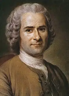 Jean-Jacques Rousseau (Quentin de la Tour, 1753) es el padre intelectual de las revoluciones de finales del siglo&nbsp;XVIII. Ve en la sociedad corrupta del Antiguo Régimen menos valores que en el buen salvaje (avanzado en su Discours sur les Sciences et les Arts -«Discurso sobre las ciencias y las artes»- y popularizado con la novela Emilio). Su doctrina de Contrato social, basado en ese concepto de bondad natural del hombre, llevará a la búsqueda de la soberanía nacional, y más adelante, de la democracia, pero también está en el origen intelectual del estado uniformador y totalitario de las dictaduras del siglo&nbsp;XX.