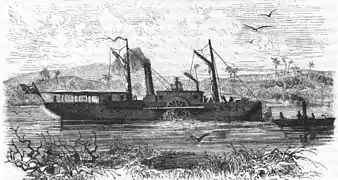 El vapor Welf , de 36 m, en la exploración del río Juba, junto a un pequeña embarcación de 9&nbsp;m.