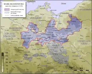 La Marca de Brandenburgo durante la Casa de Ascania (1320) con la Altmark al oeste de la Mittelmark y la Neumark.