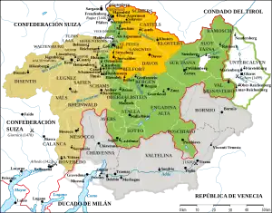 Las Tres Ligas grisonas y sus territorios sometidos. Se observa la estratégica situación del territorio entre el Milanesado, el Tirol, la condeferación suiza y la república veneciana.
&nbsp;&nbsp;&nbsp;&nbsp;&nbsp;&nbsp;&nbsp;&nbsp;&nbsp;&nbsp;&nbsp;&nbsp;&nbsp;&nbsp;&nbsp;&nbsp;&nbsp;&nbsp;&nbsp;&nbsp; Frontera suiza moderna
&nbsp;&nbsp;&nbsp;&nbsp;&nbsp;&nbsp;&nbsp;&nbsp;&nbsp;&nbsp;&nbsp;&nbsp;&nbsp;&nbsp;&nbsp;&nbsp;&nbsp;&nbsp;&nbsp;&nbsp; Fronteras jurisdiccionales
Tres ligas:
&nbsp;&nbsp;&nbsp;&nbsp;&nbsp;Liga Gris (1424-)
&nbsp;&nbsp;&nbsp;&nbsp;&nbsp;Liga de las Diez Jurisdicciones (1436-)
&nbsp;&nbsp;&nbsp;&nbsp;&nbsp;Liga de la Casa de Dios (1367-)
&nbsp;&nbsp;&nbsp;&nbsp;&nbsp;Zonas sometidas a las Tres Ligas (1512-1620, 1639-1797)
Zonas perdidas antes de 1797:
* Untercalven: perdida de 1616
* Tre Pievi: 1512-1524