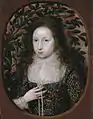 Anne Pope, hermana política de Elizabeth Pope, 1615. Su vestido está modelado con claveles, rosas y fresas; la cerezas del árbol simbolizan la virtud.<ref>Gallery notes, Tate Britain (retrieved 29 January 2008).