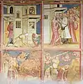 Vida de Santa Catalina de Alejandría, fresco del siglo XVI. La rueda que debía despedazarla se rompió, de modo que hubo que decapitarla.
