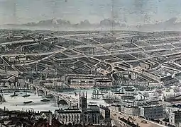 La activa navegación por el Támesis a mediados del siglo&nbsp;XIX, en un grabado de Frederick James Smyth. Barcos de altos mástiles se agolpan río abajo, mientras que gabarras y barcos de vapor de humeantes chimeneas pueden atravesar el puente de Londres.