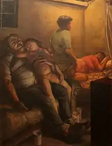 Los borrachos. Óleo sobre tela de 170 x 130 centímetros, realizada por Daniel Lezama en 2001.