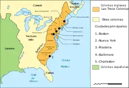 En 1775, los británicos alegaron autoridad sobre las zonas moradas del mapa y España reclamó los territorios coloreados de amarillo. La zona en morado oscuro es la zona de asentamiento; la mayoría de la población vivía como máximo a 80 kilómetros del océano.