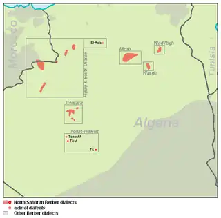 Distribución de las Lenguas mzab-wargla del norte del Sahara.