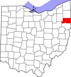 Mapa de Ohio con la ubicación del condado de Mahoning