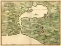 Mapa de Santiago de Cuba en la Capitanía General de Cuba (actual Cuba), saqueada en 1554 por François Le Clerc (apodado Pata de palo).