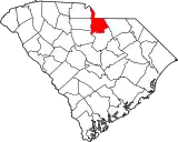Mapa de Carolina del Sur con la ubicación del condado de Lancaster