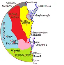 Mapa de las tierras tradicionales de los aborígenes australianos alrededor de Brisbane.