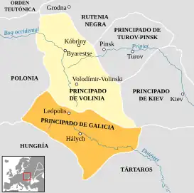 Mapa del Principado de Hálych en el siglo&nbsp;XIII, que formó el núcleo de lo que será Galitzia