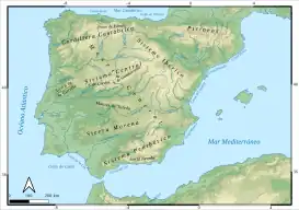 Localización en un mapa de relieve de la península ibérica
