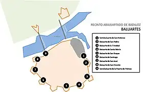 Mapa de baluartes delRecinto abaluartado de Badajoz.