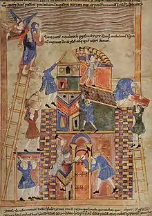 Oficios de la construcción. Ilustración del siglo&nbsp;XI (Construcción de la torre de Babel, del Maestro del Pentateuco).