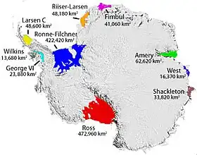 Mapa de las plataformas de hielo. En el lado este aparece la barrera de Shackleton