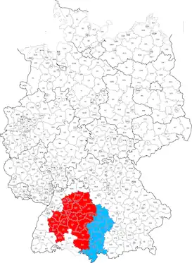 Los límites actuales de Suabia: en rojo, en Wurtemberg ; en azul, el distrito de Suabia en Baviera
