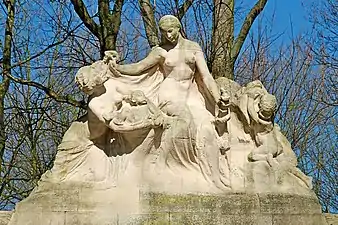«&nbsp;La raza negra acogida por Bélgica&nbsp;»(Monumento a los pioneros belgas en el Congo, Cincuentenario, Bruselas).