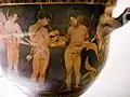 Los Argonautas: cuidando a los heridos. Cerámica apulia, crátera de campana. Pintor de los Argonautas, 425-400&nbsp;a.&nbsp;C. Museo Arqueológico de Florencia.