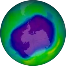 Imagen del agujero de ozono antártico más grande registrado hasta la fecha (septiembre de 2006).