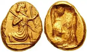 Dárico de tipo III (rey corriendo con lanza). Mediados del siglo IV&nbsp;a.&nbsp;C.