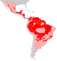 Distribución de Panthera onca. En rosa las zonas donde se ha extinguido, en rojo las zonas donde perdura.Sanderson, E. W.; K. H. Redford, C.-L. B. Chetkiewicz, R. A. Medellín, A. R. Rabinowitz, J. G. Robinson y A. B. Taber (2002). «Planning to Save a Species: the Jaguar as a Model». Conservation Biology (en inglés) 16 (1): 58-72. doi:10.1046/j.1523-1739.2002.00352.x.&nbsp;