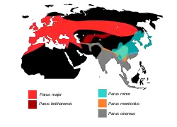 Distribución de las especies de Parus.Eck S; J Martens (2006). «Systematic notes on Asian birds. 49. A preliminary review of the Aegithalidae, Remizidae and Paridae». Zoologische Mededelingen. 80-5. Archivado desde el original el 24 de febrero de 2012. Consultado el 24 de marzo de 2018.&nbsp;