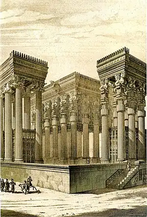 Reconstrucción romántica de la Apadana de Persépolis, siglo V a. C.