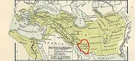 El Imperio persa alrededor del año 500 a. C.; Persia es la provincia central del sur con el contorno rojo. Sus principales ciudades eran Persépolis y Pasargada.