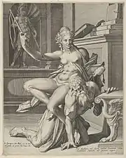 Filis y Aristóteles, Jan Sadeler y Bartholomeus Spranger, grabado, siglo&nbsp;XVI.