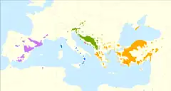 alt=Distribución de Pinus nigra Subsp. salzmannii.
: Subsp. laricio.
: Subsp. nigra.
: Subsp. dalmatica.
: Subsp. pallasiana.